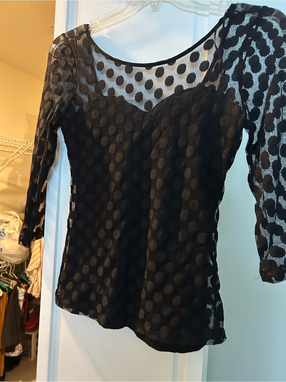 Guess Black Polka Dot Mesh Long Sleeve Blouse